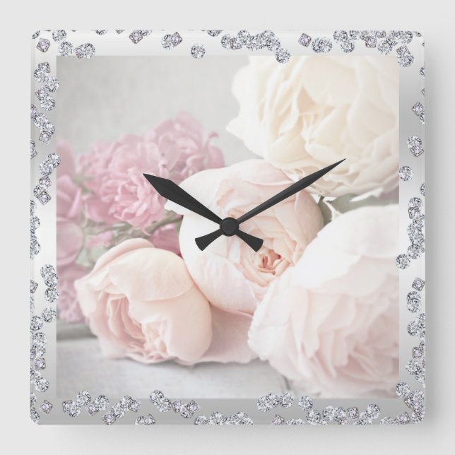 Romantic Roses & Diamonds Square Wall Clock (Front)