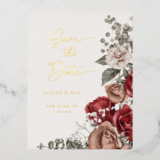 Romantic Roses & Eucalyptus Save the Date Foil Invitation Postcard (Front)
