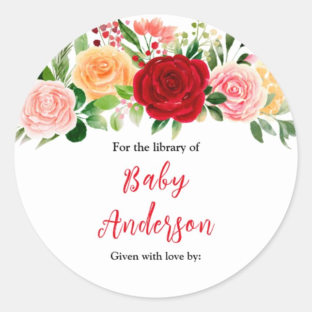 Romantic Roses Floral Baby Shower Bookplate Classic Round Sticker (Front)