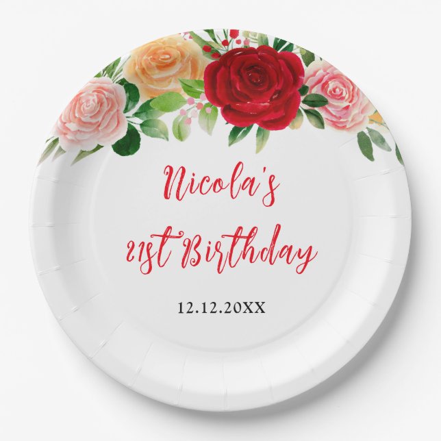 Romantic Roses Floral Birthday Paper Plate (Front)