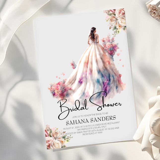 Romantic Roses Floral Wedding Dress Bridal Shower Invitation (Creator Uploaded)