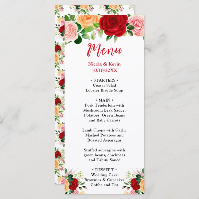 Romantic Roses FloralRomantic Red and Oran Wedding Menu (Front/Back)