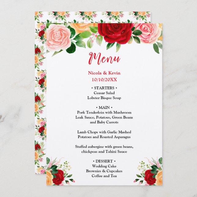 Romantic Roses FloralRomantic Red and Oran Wedding Menu (Front/Back)