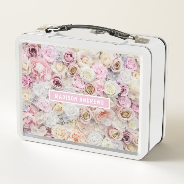Romantic Roses Girly Chic Personalised Name Metal Lunch Box (Back)