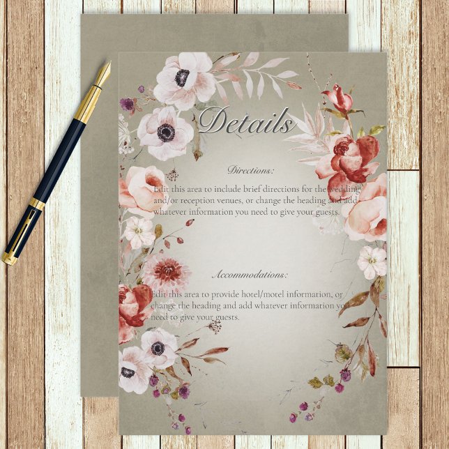 Romantic Roses Green Pink Floral Wedding Details Enclosure Card (Creator Uploaded)