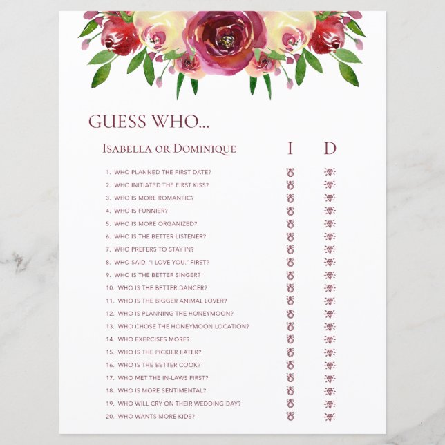 Romantic Roses Guess Who Wedding Word Search Games (Front)