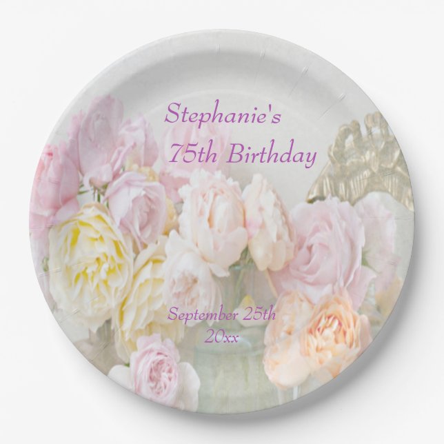 Romantic Roses in Jars 75th Birthday Paper Plate (Front)