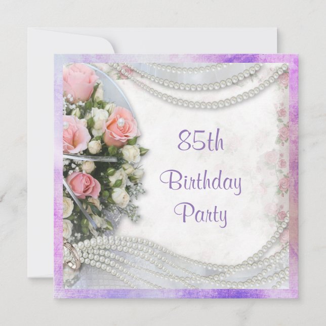 Romantic Roses & Pearls 85th Birthday Party Invitation (Front)