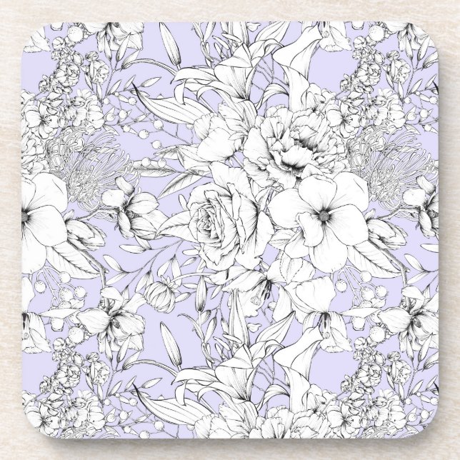Romantic roses peony eucalyptus line drawing lilac coaster (Front)