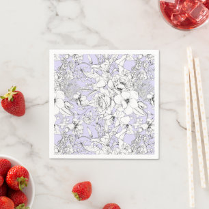 Romantic roses peony eucalyptus line drawing lilac napkin