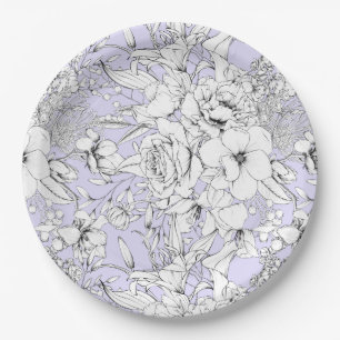 Romantic roses peony eucalyptus line drawing lilac paper plate
