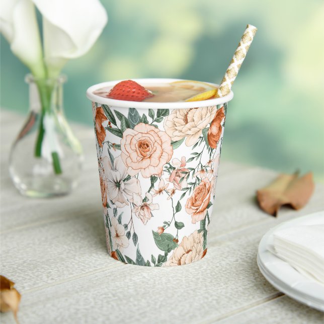 Romantic roses peony eucalyptus peach cream orange paper cups (Insitu)