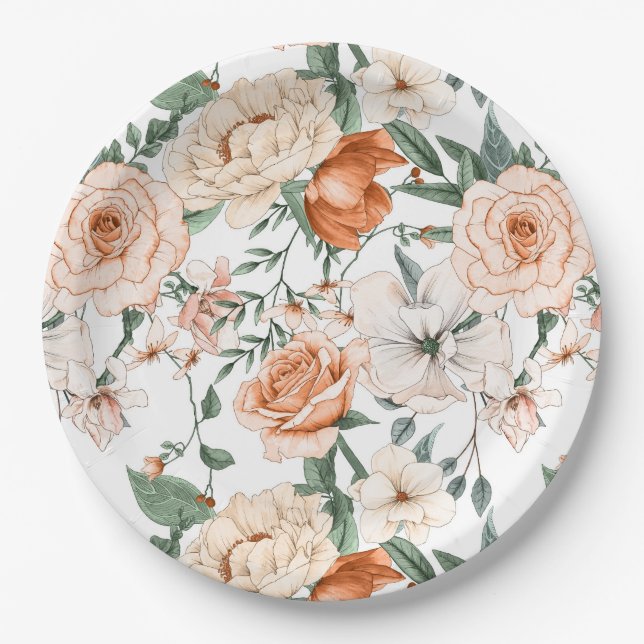Romantic roses peony eucalyptus peach cream orange paper plate (Front)