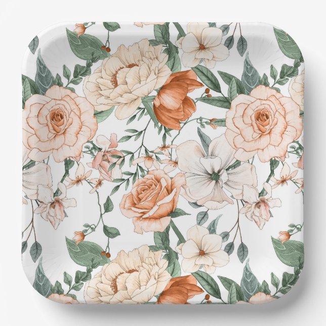 Romantic roses peony eucalyptus peach cream orange paper plate (Front)