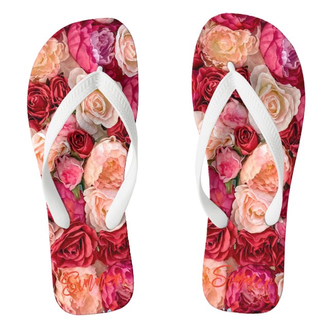 Romantic Roses Pink Red Bouquet Floral Flip Flops (Footbed)