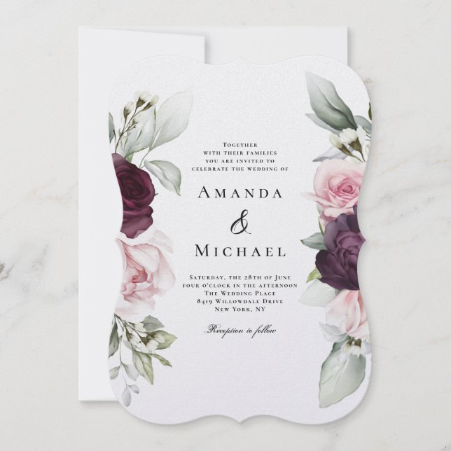 Romantic Roses Watercolor Botanical Wedding Invitation (Front)