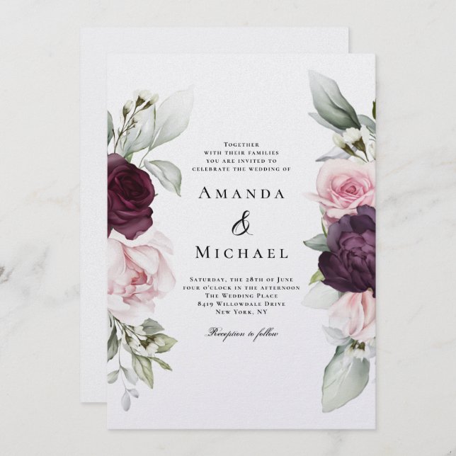 Romantic Roses Watercolor Botanical Wedding Invitation (Front/Back)
