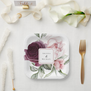 Romantic Roses Watercolor Botanical Wedding Paper Plate