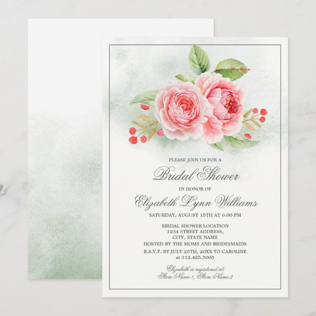 Romantic Roses Watercolor Bridal Shower Invitation (Front/Back)