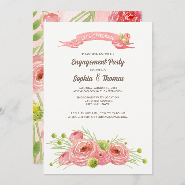 Romantic Roses Watercolor Engagement Party  Invitation (Front/Back)