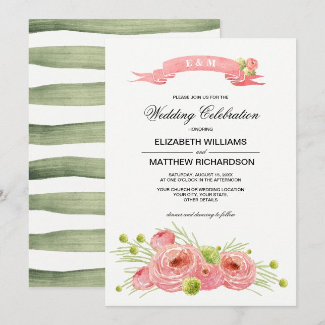 Romantic Roses Watercolor Wedding  Invitation (Front/Back)