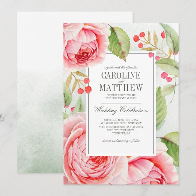 Romantic Roses Watercolor Wedding Invitation (Front/Back)