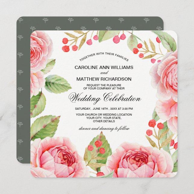 Romantic Roses Watercolor Wedding  Invitation (Front/Back)