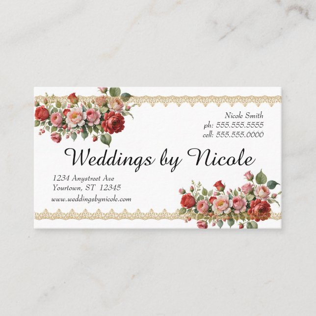 Romantic Roses Wedding Planner Events Florist Business Card (Front)