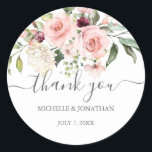 Romantic Roses Wedding Thank You Favour Stickers<br><div class="desc">An elegant wedding invitation set featuring watercolor blush pink roses with greenery. If you need any changes in the design such as colour,  text,  or font; please contact us via Zazzle or at seamistmail@gmail.com. We love being a part of your happy memories.</div>