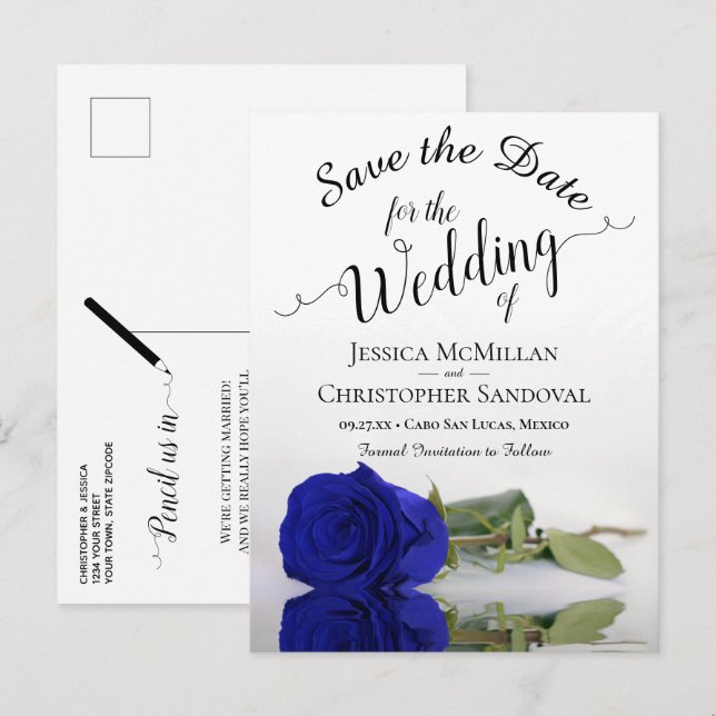 Romantic Royal Blue Rose Wedding Save the Date Announcement Postcard (Front/Back)