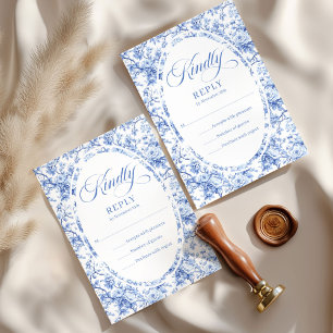 Romantic Royal Blue Toile Roses Wedding RSVP Set Card