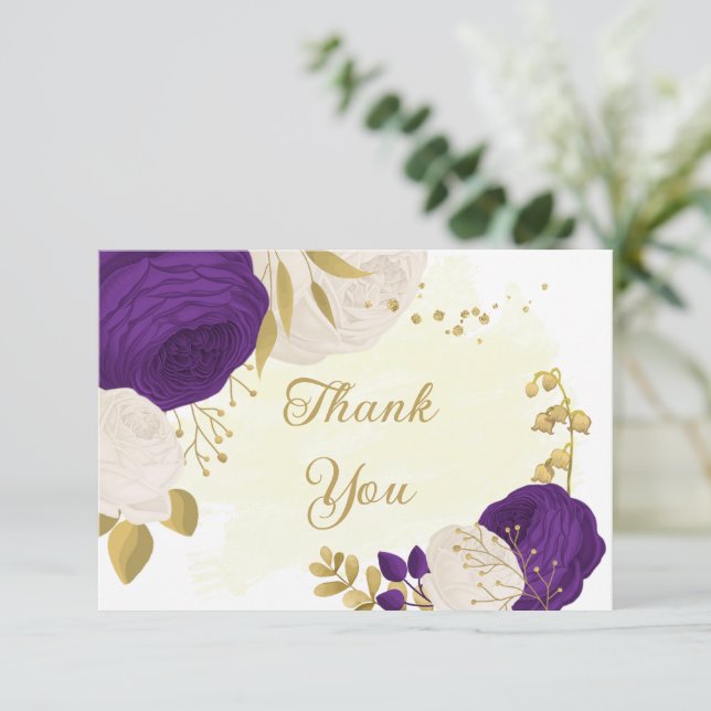 Romantic royal purple & white flowers gold thank you card (Standing Front)