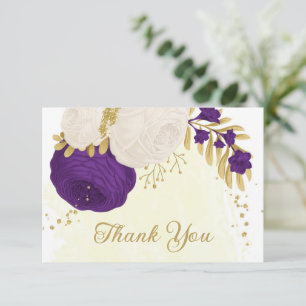Romantic royal purple & white flowers gold thank you card