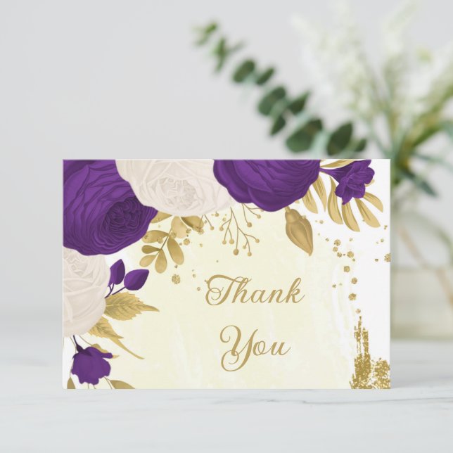 Romantic royal purple & white flowers gold thank you card (Standing Front)
