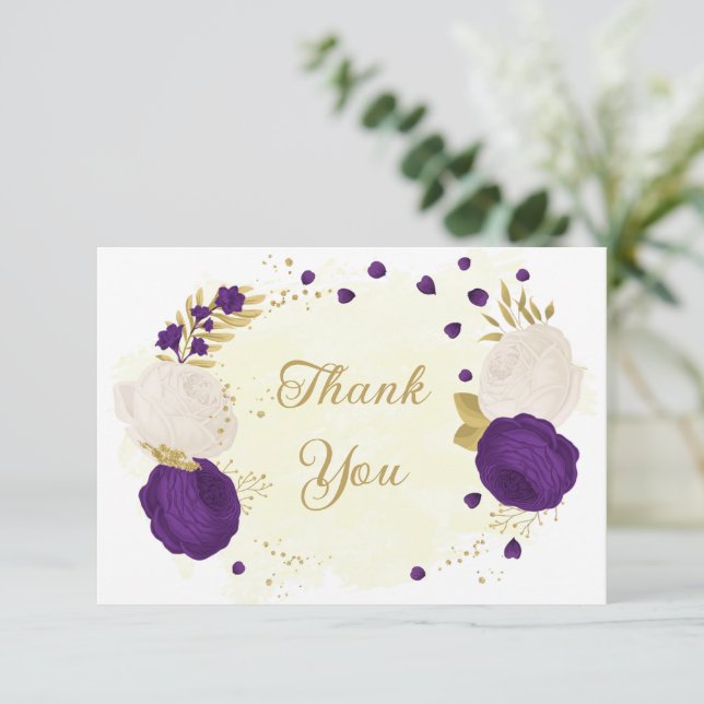 Romantic royal purple & white flowers gold thank you card (Standing Front)