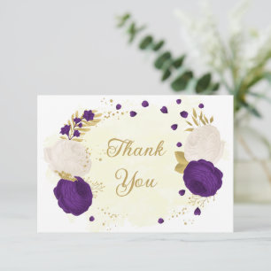 Romantic royal purple & white flowers gold thank you card