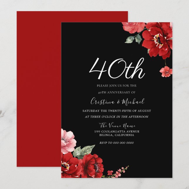 Romantic Ruby Red & Black Floral 40th Anniversary Invitation (Front/Back)