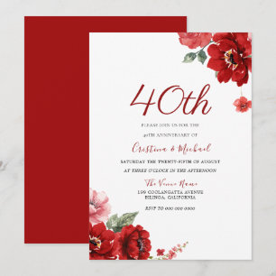 Romantic Ruby Red Floral 40th Anniversary Invitation