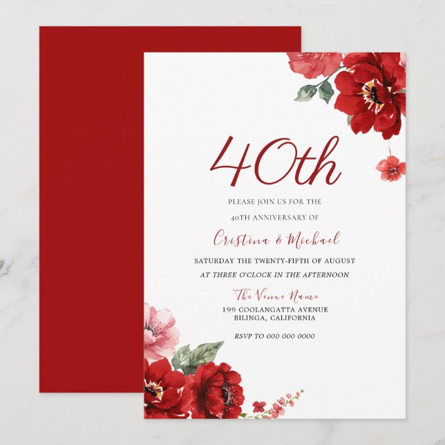 Romantic Ruby Red Floral 40th Anniversary Invitation (Front/Back)