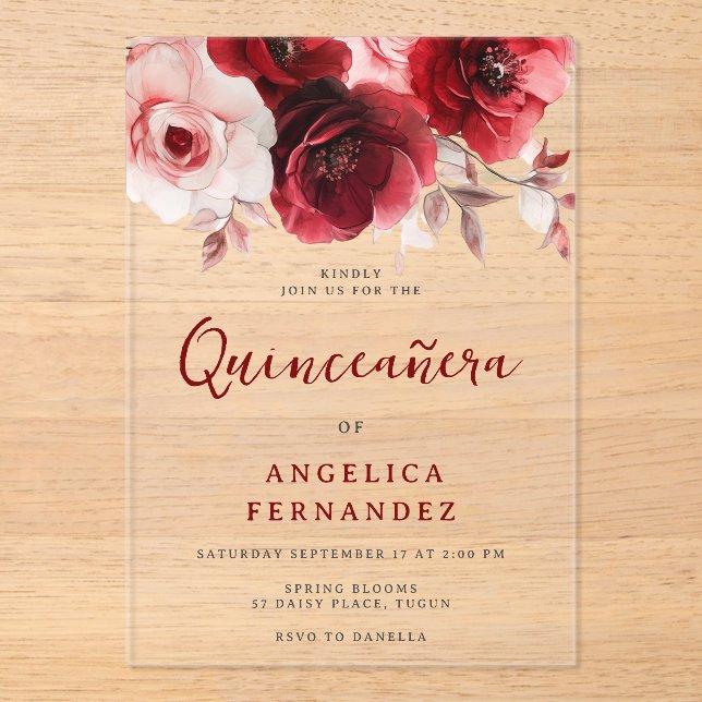 Romantic Ruby Red Rose Quinceanera Party Acrylic Invitations (Front)