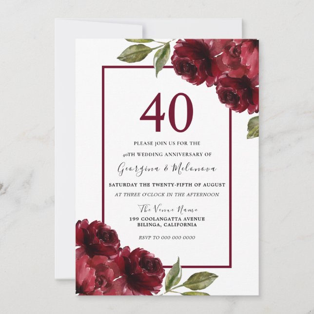 Romantic Ruby Red Roses 40th Wedding Anniversary Invitation (Front)