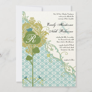 Romantic Rustic Birds Mint Damask Wedding Invitation