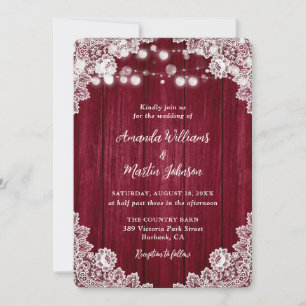 Romantic Rustic Burgundy Wood Lace Wedding Invitation