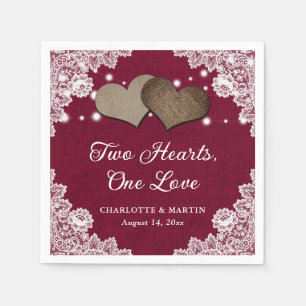 Romantic Rustic Burlap and Lace Burgundy Wedding Napkin
