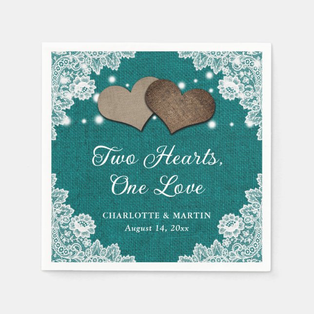 Romantic Rustic Burlap and Lace Teal Wedding Napkin (Front)
