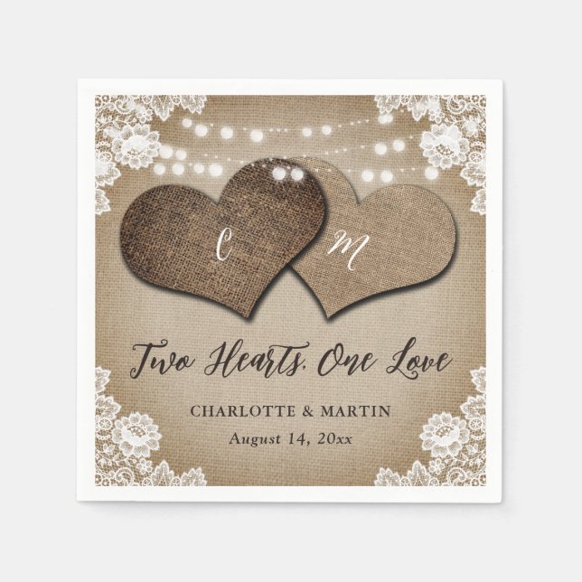 Romantic Rustic Burlap and Lace Vintage Wedding Napkin (Front)