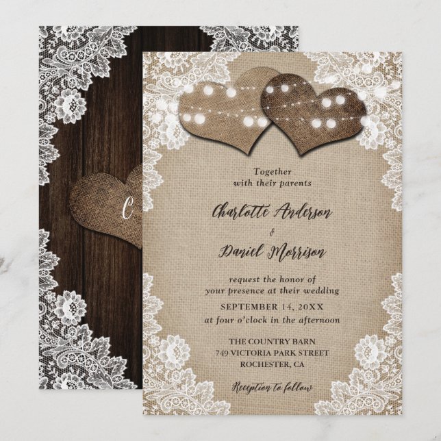 Romantic Rustic Country Chic Burlap Lace Wedding Invitation (Front/Back)