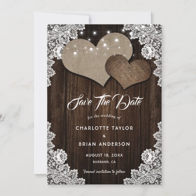 Romantic Rustic Country Wood Floral Lace Wedding Save The Date (Front)