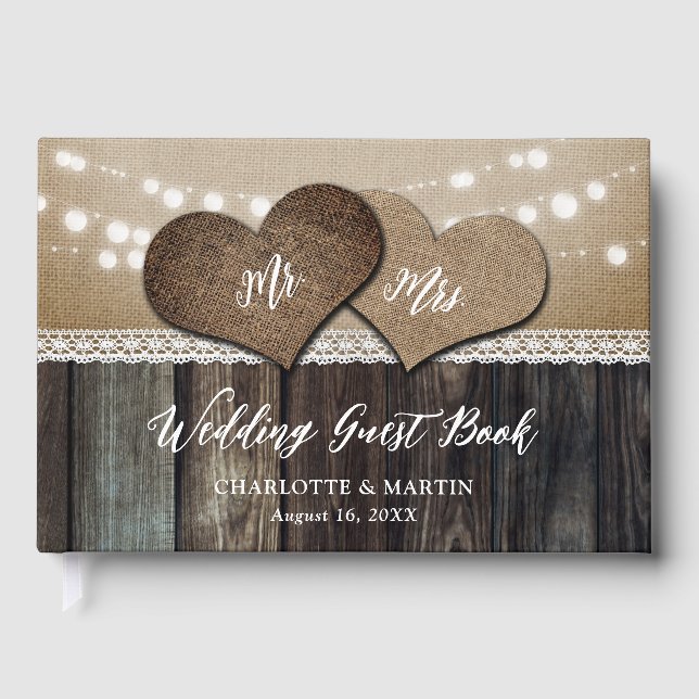 Romantic Rustic Country Wood Mr. & Mrs. Wedding Guest Book (Front)