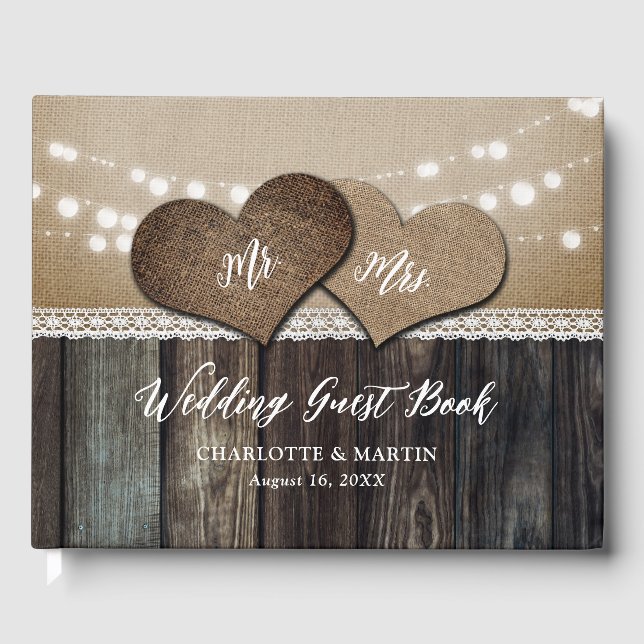 Romantic Rustic Country Wood Mr. & Mrs. Wedding Guest Book (Front)